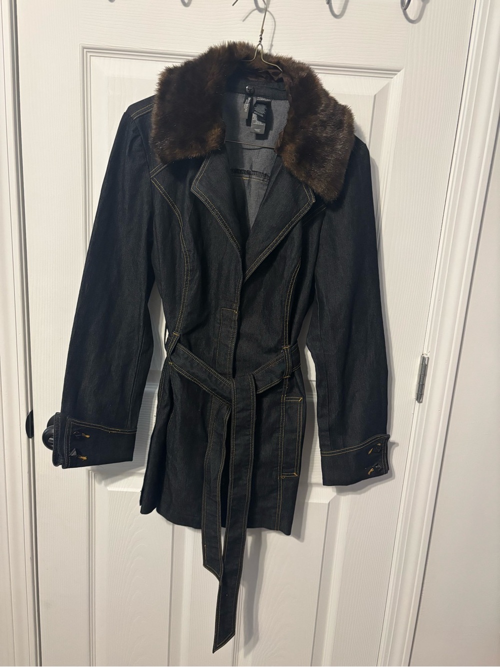 Dark Denim Trench Coat with Faux Fur Collar